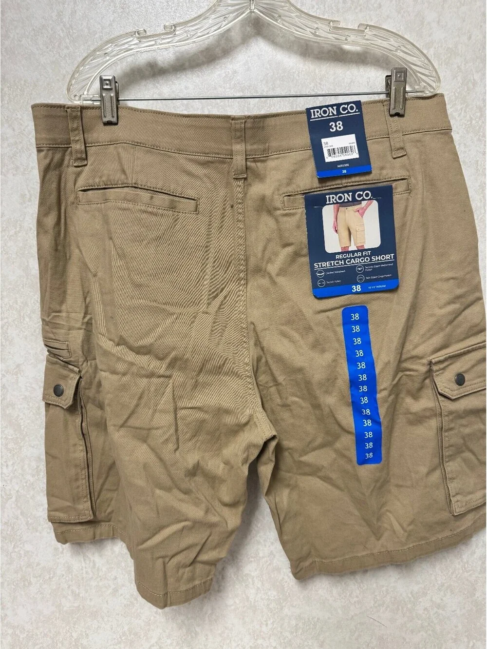 Iron Co. Mens Stretch Cargo Shorts Khaki Regular Fit Size 38 NWT